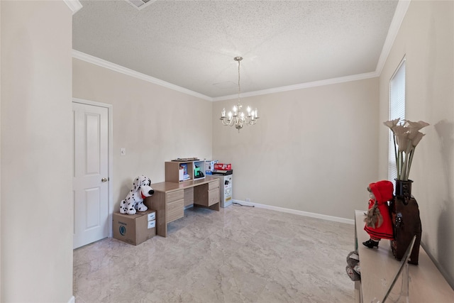 home office with crown molding, an inviting chandelier, and a textured ceiling