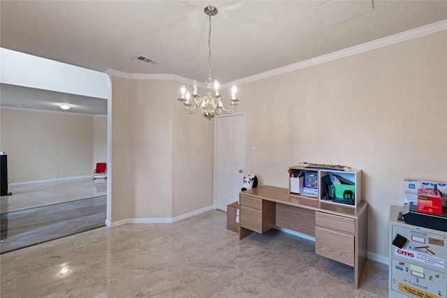 home office with crown molding and a chandelier