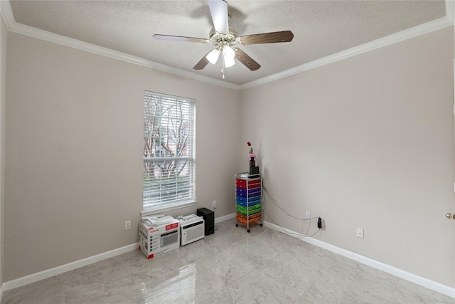 interior space with crown molding, ceiling fan, and a textured ceiling