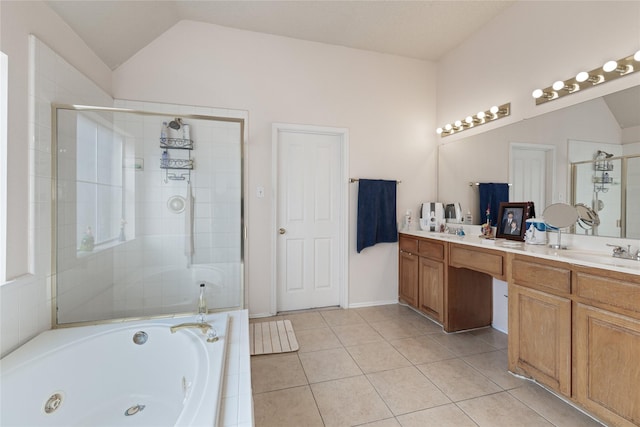 bathroom with vaulted ceiling, plus walk in shower, tile patterned floors, and vanity