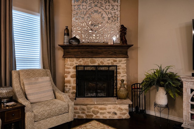 living area featuring a stone fireplace