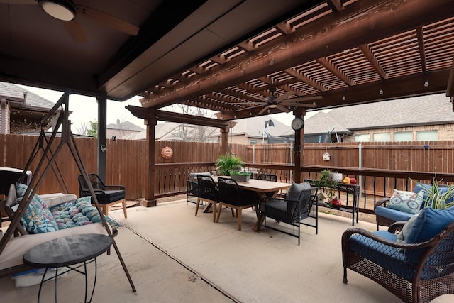 view of patio with an outdoor hangout area, ceiling fan, and a pergola