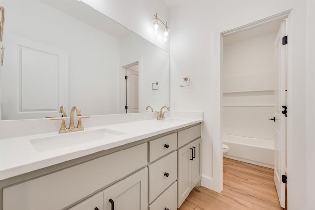 bathroom with wood-type flooring, vanity, and toilet