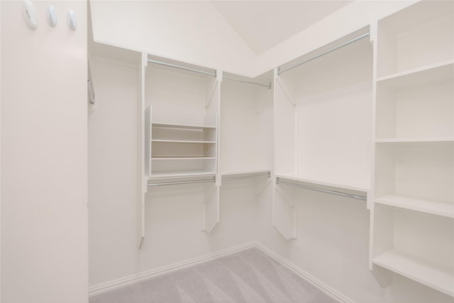 spacious closet with carpet floors and vaulted ceiling