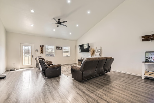 living area with recessed lighting, ceiling fan, baseboards, and wood finished floors