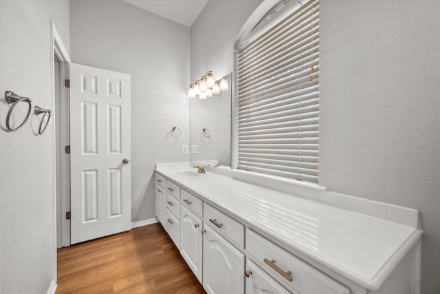 bathroom featuring vanity and hardwood / wood-style flooring