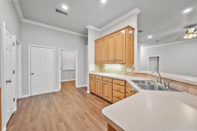 kitchen featuring sink, ceiling fan, tasteful backsplash, ornamental molding, and light hardwood / wood-style floors