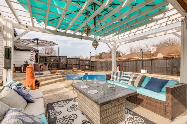 view of patio / terrace featuring a fenced in pool, a pergola, and outdoor lounge area