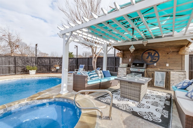 view of pool with area for grilling, an outdoor hangout area, a patio area, and a pergola