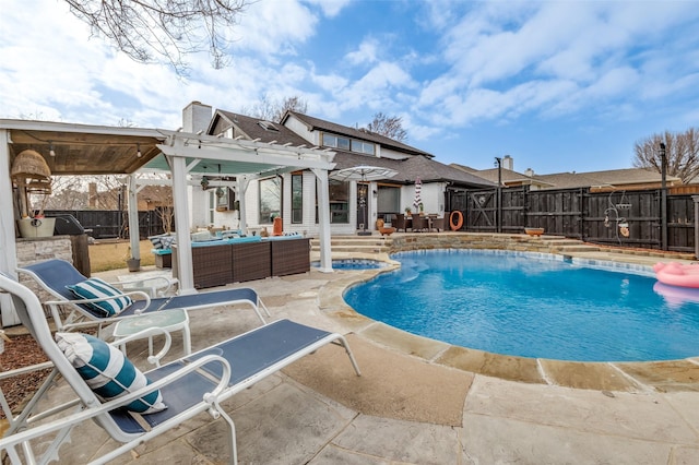 view of pool with area for grilling, an outdoor hangout area, a pergola, and a patio