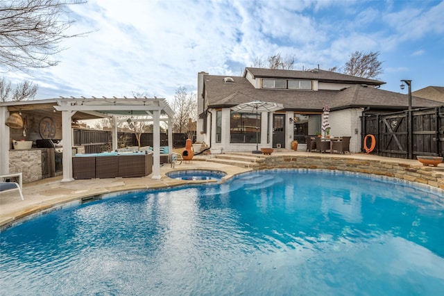 view of swimming pool with a bar, an outdoor kitchen, an in ground hot tub, a pergola, and an outdoor living space