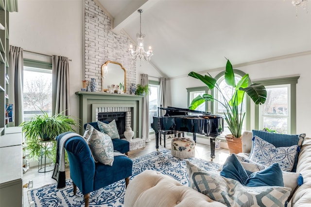 living area featuring an inviting chandelier, a brick fireplace, beam ceiling, and high vaulted ceiling