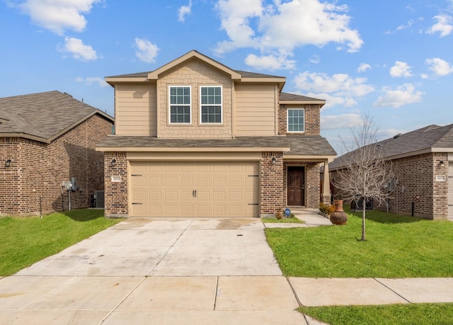 view of front property with a garage, central AC unit, and a front lawn