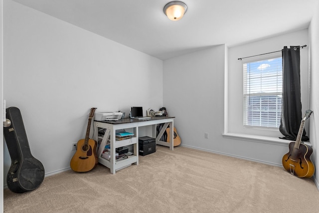 office area featuring light carpet