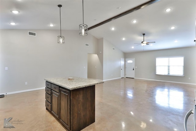 kitchen with pendant lighting, ceiling fan, beam ceiling, a center island, and dark brown cabinetry