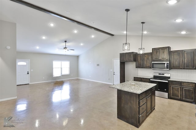 kitchen with pendant lighting, dark brown cabinetry, stainless steel appliances, and a kitchen island