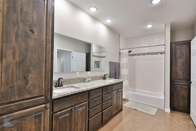 bathroom with vanity and shower / bathtub combination with curtain