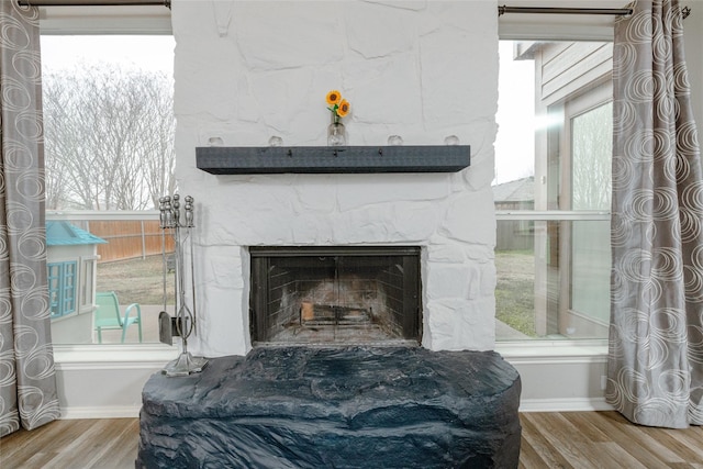 room details with a stone fireplace and hardwood / wood-style floors