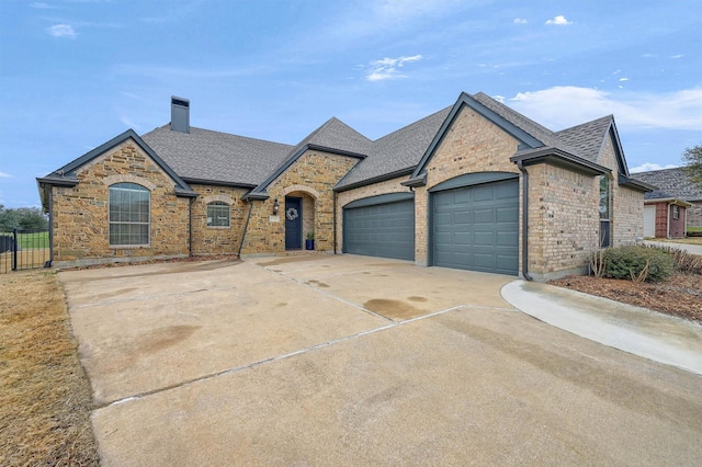 french country style house with a garage