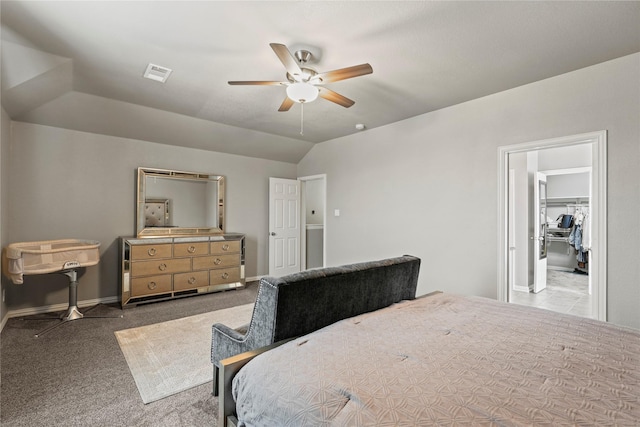 bedroom featuring lofted ceiling, carpet flooring, and ceiling fan