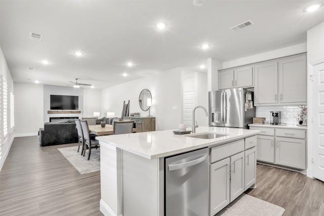 kitchen with stainless steel appliances, sink, a kitchen island with sink, and backsplash