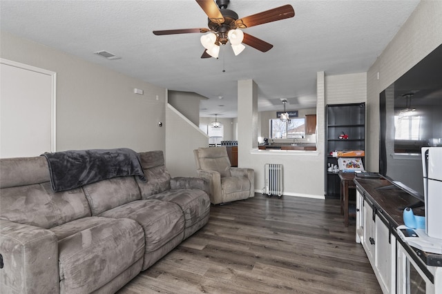 living room featuring a healthy amount of sunlight, radiator heating unit, dark hardwood / wood-style flooring, and a textured ceiling