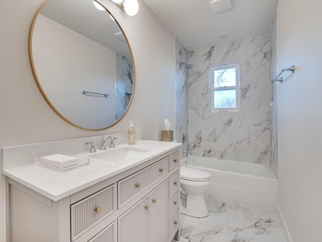 bathroom with toilet, marble finish floor, shower / bath combination, and vanity