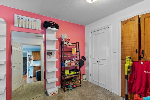 playroom featuring carpet flooring and a textured ceiling