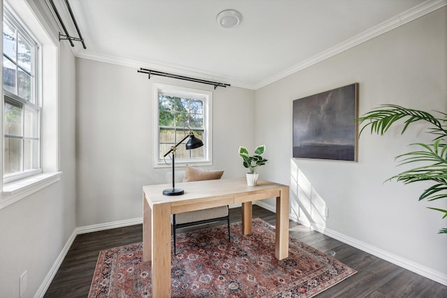 office space featuring crown molding, dark wood finished floors, and baseboards