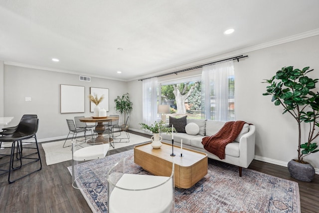 living area with baseboards, dark wood-type flooring, and crown molding