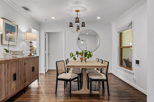 dining space with crown molding and dark wood-type flooring