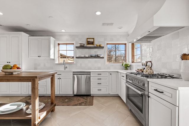 kitchen featuring sink, crown molding, appliances with stainless steel finishes, white cabinetry, and custom exhaust hood