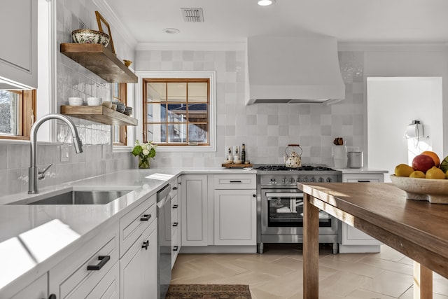 kitchen featuring white cabinetry, sink, stainless steel appliances, and premium range hood