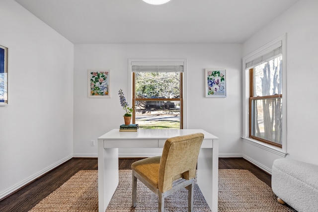 office space with a healthy amount of sunlight and dark hardwood / wood-style flooring