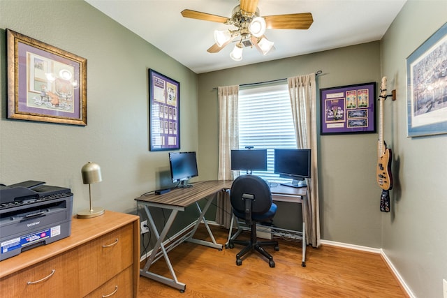 office area featuring ceiling fan and light hardwood / wood-style floors