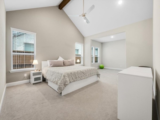 bedroom featuring beamed ceiling, ceiling fan, high vaulted ceiling, and light carpet