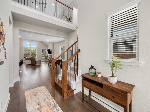 entryway featuring dark wood-type flooring and a towering ceiling