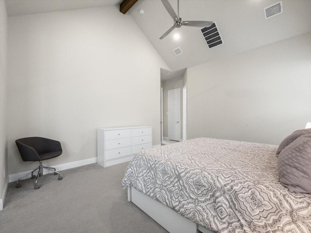 bedroom featuring ceiling fan, high vaulted ceiling, light carpet, and beam ceiling