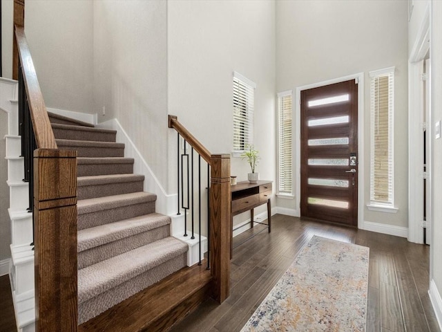 entryway featuring dark hardwood / wood-style floors and a high ceiling