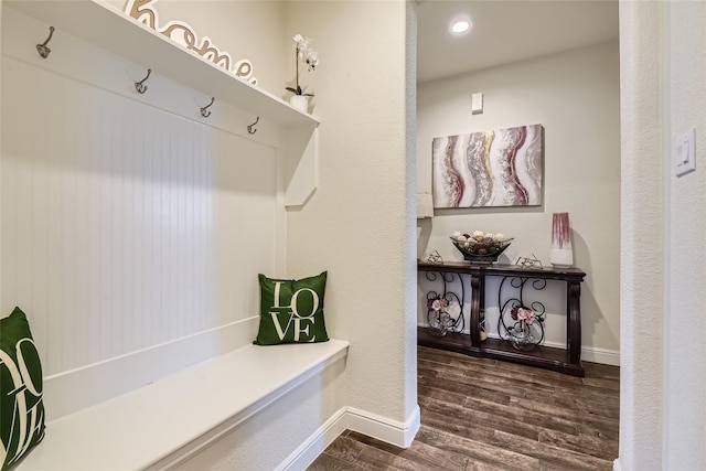 mudroom with dark hardwood / wood-style floors