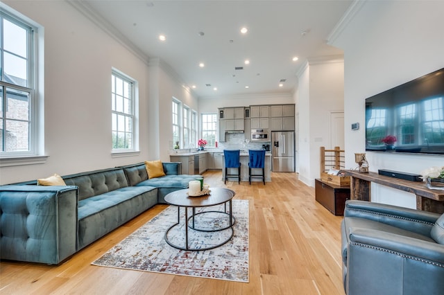 living room with light hardwood / wood-style flooring and ornamental molding