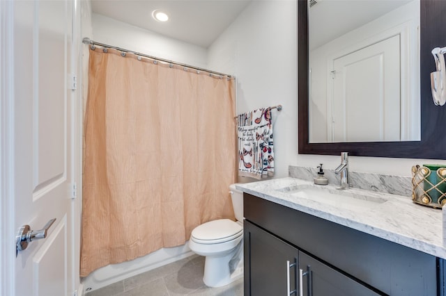 bathroom with vanity, tile patterned flooring, a shower with curtain, and toilet