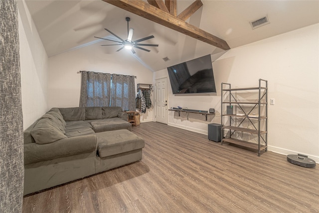 living room featuring beamed ceiling, high vaulted ceiling, hardwood / wood-style floors, and ceiling fan