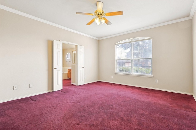 carpeted empty room featuring ornamental molding and ceiling fan