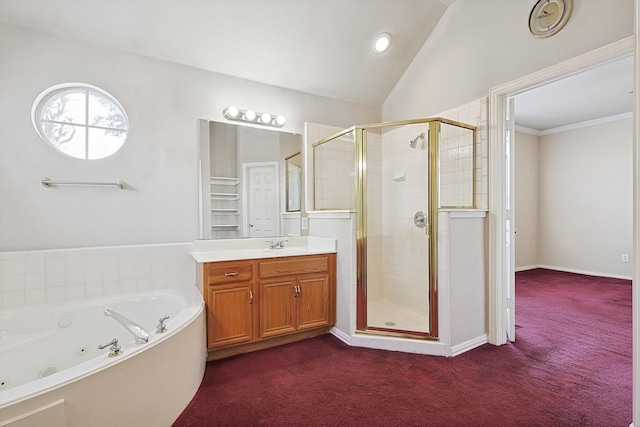 bathroom featuring vanity, ornamental molding, lofted ceiling, and plus walk in shower