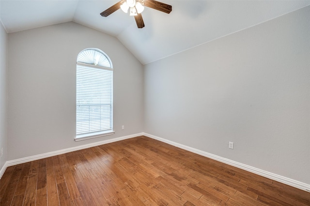 unfurnished room featuring ceiling fan, lofted ceiling, and hardwood / wood-style floors