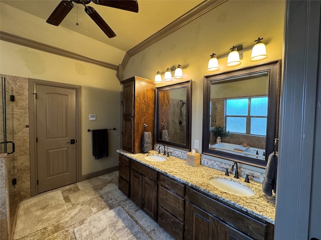 bathroom featuring crown molding, vaulted ceiling, vanity, ceiling fan, and plus walk in shower