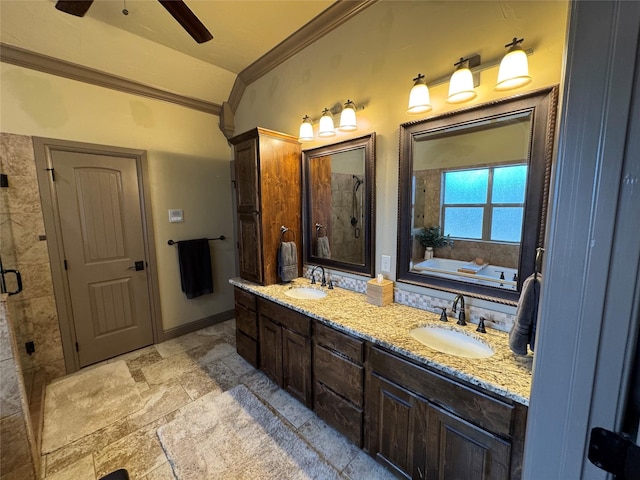 bathroom with ornamental molding, vanity, ceiling fan, and a shower with shower door