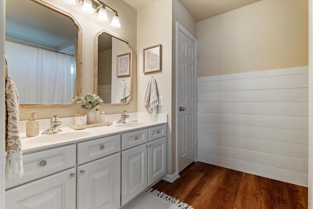 bathroom with wood-type flooring and vanity