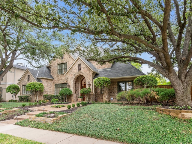 view of front of house with brick siding, a shingled roof, and a front lawn